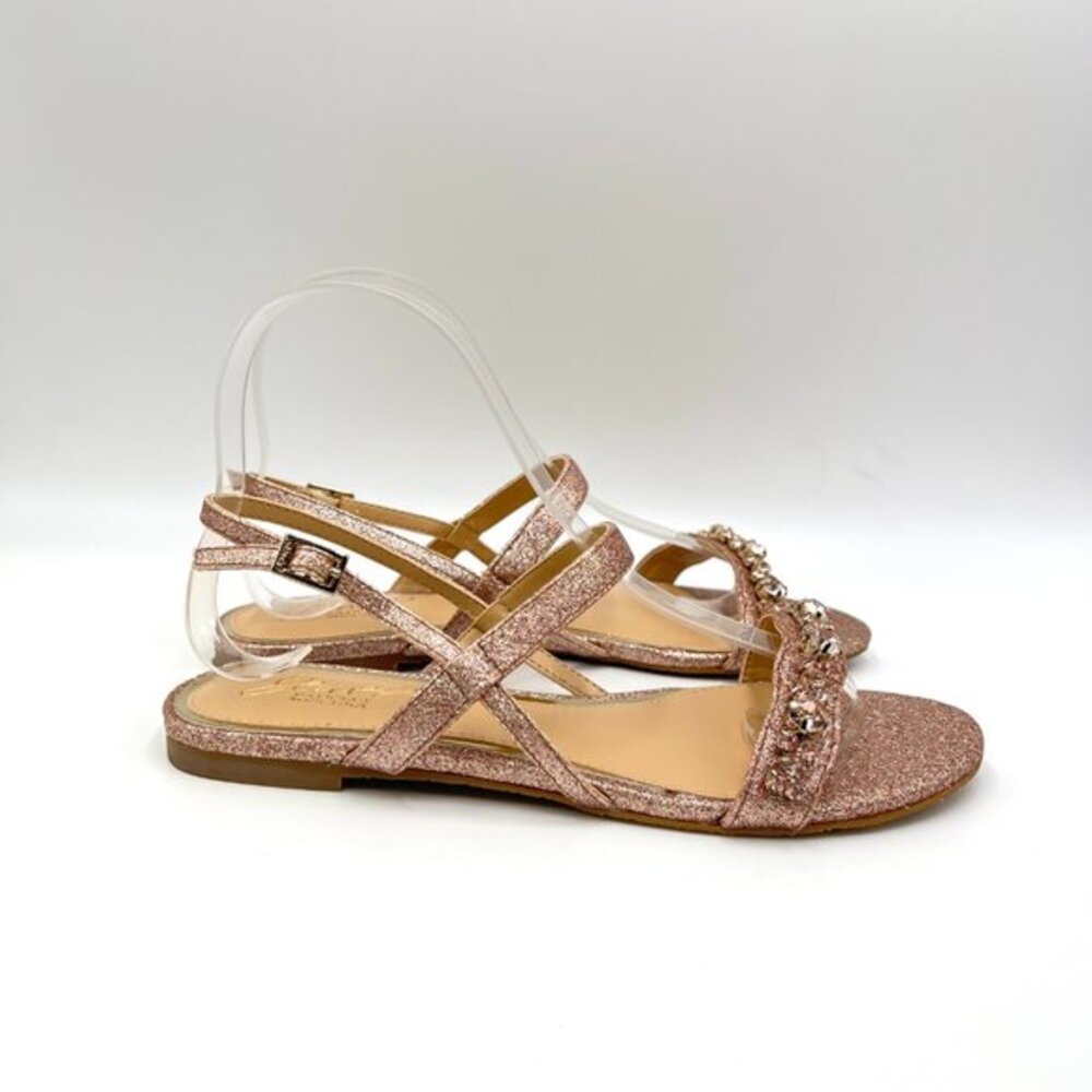 Jewel Badgley Mischka Size 6.5 Pink Glitter Jeweled Flats Dress Sandals Shoes